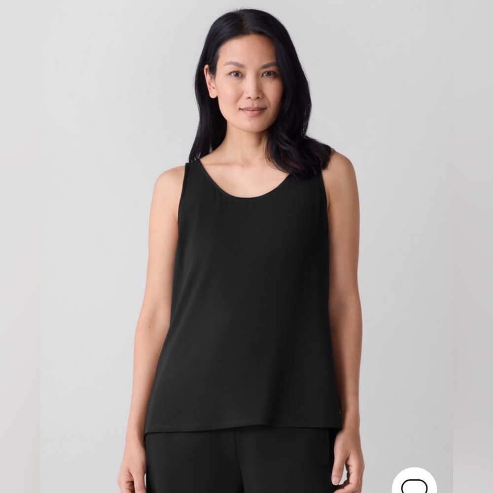 NWT Eileen Fisher Jewel Neck Shell Top Sleeveless Side Slits Black Size L